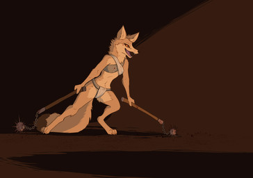 amber_eyes anthro black_tail_tip blood blood_on_clothing bodily_fluids clothed clothing dipstick_tail female flail holding_flail holding_melee_weapon holding_object holding_weapon markings melee_weapon solo tail tail_markings underwear underwear_only weapon garbagegarage canid canine fennec_fox fox mammal true_fox hi_res