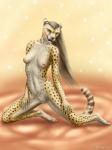 anthro breasts female genitals hair licking long_hair looking_at_viewer navel nipples pose pussy solo tongue tongue_out yellow_eyes cheepard cheetah felid feline mammal 3:4 hi_res