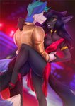 anthro anthro_on_anthro areola blue_body blue_fur blue_hair breasts clothed clothing dancing duo eye_contact female fur hair looking_at_another male male/female nipples smile kammi-lu ahmenset vance_(istricer) canid canine canis jackal mammal 2020 digital_media_(artwork)