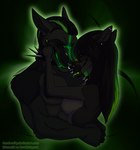 anthro black_body black_collar black_ears black_fur black_hair black_inner_ear_fluff black_nose breasts collar duo facial_piercing fangs featureless_breasts female fur glistening glistening_nose green_hair green_teeth green_tongue grey_body grey_fur hair inner_ear_fluff male male/female nose_piercing nose_ring piercing ring_piercing spiked_collar spikes teeth text tongue tongue_out tuft demireality canid canine mammal url