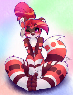 anthro barefoot blush eyebrows eyelashes feet hair inner_ear_fluff male markings multicolored_body nude one_eye_closed red_hair sitting smile solo tied_hair toes tribal tribal_markings tuft kemotobi tobiki_(kemotobi) domestic_ferret mammal mustelid musteline true_musteline weasel 2015 hi_res