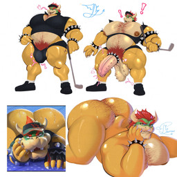2_horns 5_fingers accessory anthro areola armband balls barazoku big_butt big_muscles big_pecs big_penis black_clothing black_footwear black_shirt black_shoes black_thong black_topwear black_underwear bodily_fluids body_hair bottomless bottomless_anthro bottomless_male bracelet brown_areola brown_nipples bulge butt butt_hair chest_hair claws clothed clothing cock_ring erection exclamation_point eyebrows fingers footwear genitals golf_club hair hairy hand_on_face happy_trail heart_symbol horn huge_butt huge_pecs jewelry male moobs multiple_poses musclegut muscular muscular_anthro muscular_arms muscular_male nipples nude_anthro nude_male on_chest pecs penis penis_accessory penis_jewelry pose pubes red_eyebrows red_eyes red_hair red_pubes saggy_balls scales sharp_teeth shirt simple_background small_tail smile socks solo spiked_armband spiked_balls spiked_bracelet spiked_cock_ring spiked_penis spikes spikes_(anatomy) standing surprised sweat sweaty_butt tail teeth thick_thighs thong topwear torn_clothing torn_shirt torn_topwear underwear uneven_balls wardrobe_malfunction white_background white_clothing white_footwear white_socks yellow_body yellow_scales bxttons mario_bros nintendo bowser dragon_koopa koopa scalie 1:1 2025 english_description hi_res reference_image