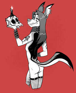 ankh anthro arm_tattoo balls bedroom_eyes big_penis bone bracelet butt candle clothing collar ear_piercing ear_ring fangs fishnet_clothing fishnet_legwear frenum_ladder frenum_piercing gauged_ear genital_piercing genitals hair half-closed_eyes holding_skull huge_penis jewelry ladder_piercing legwear long_hair looking_at_viewer looking_back looking_back_at_viewer male middle_aged narrowed_eyes notched_ear occult_symbol penis penis_piercing pentagram piercing prince_albert_piercing red_background ring_piercing seductive simple_background skull smile smirk smug smug_face smug_grin solo studded_bracelet studded_collar studded_jewelry studs symbol tattoo teeth cadaverrdog canid canine canis coyote mammal black_and_white hi_res monochrome