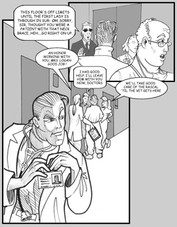 5_fingers belt clipboard dialogue eyebrows eyewear fingers glasses group hospital identification medical_instrument neck_brace raised_eyebrow scientific_instrument stethoscope sunglasses text chris_fischer human mammal comic english_text hi_res monochrome