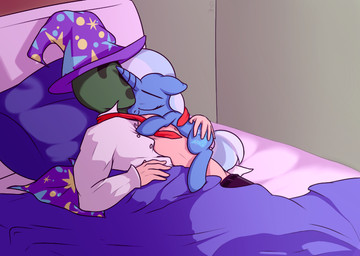 ?_face bed blue_body clothing cutie_mark duo eyes_closed female feral furniture hair hat headgear headwear horn inside lying male multicolored_hair necktie on_back on_bed pillow question_mark sleeping two_tone_hair wizard_hat mostazathy friendship_is_magic hasbro my_little_pony mythology anon trixie_(mlp) equid equine human mammal mythological_creature mythological_equine unicorn 2015 digital_media_(artwork)