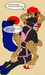 anthro armpit_hair armpit_sniffing black_body black_fur blue_body blue_fur body_hair collar daddy_kink dialogue duo fur good_boy harness male male/male muzzle_(object) muzzled paws red_body red_fur sniffing snout text kingdraws takumi gemini_(mezzoknight) canid canine canis cheetah felid feline mammal wolf 3:5 absurd_res english_text hi_res