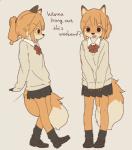 anthro biped black_eyes black_nose bottomwear clothed clothing dialogue female fluffy fluffy_tail footwear fur hair kemono leaning leaning_backward legwear looking_at_viewer open_mouth orange_body orange_fur orange_hair ponytail school_uniform shoes simple_background skirt smile socks solo sweater tail text topwear uniform yagi_the_goat shizuku_(yagi) canid canine fox mammal english_text