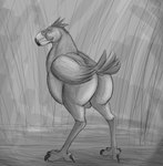 ambiguous_gender belly big_belly biped bipedal_feral butt feral half-closed_eyes looking_at_viewer narrowed_eyes smile smirk solo thatgryphonguy avian bird cariamiform prehistoric_species terror_bird greyscale hi_res monochrome sketch