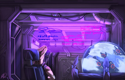anthro clothed clothing covenant_alphabet_(halo) globe hologram holographic_screen inside male quill_hair science_fiction sharp_teeth sitting solo spacecraft teeth vehicle yellow_eyes ravuki halo_(series) microsoft xbox_game_studios alien ibie'shan kig-yar reptile scalie colored hi_res