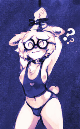 anthro blush bound breasts clothing collar confusion eyewear female glasses hands_tied heart_symbol looking_at_viewer navel nipples purple_background question_mark round_glasses simple_background smile solo tail underwear white_body bestfriendforever besty_(character) lagomorph leporid mammal rabbit 2026 digital_media_(artwork) hi_res nonbinary_(lore)