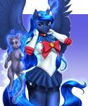 2018 5:6 absurd_res anthro anthrofied blue_body blue_eyes blue_feathers blue_hair clothed clothing crossover cutie_mark digital_media_(artwork) domestic_cat duo equid equine feathered_wings feathers felid feline felis female friendship_is_magic hair hasbro hi_res horn long_hair luna_(sailor_moon) mammal my_little_pony mykegreywolf mythological_creature mythological_equine mythology princess_luna_(mlp) sailor_moon_(series) spread_wings winged_unicorn wings