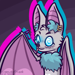 big_ears blue_body blue_eyes blue_fur chichi_(defreak) ear_piercing facial_markings female feral fluffy fluffy_chest fluffy_ears fur glowing glowing_eyes head_markings looking_at_viewer markings piercing pink_wings purple_line_art solo spiral spiral_eyes tongue tongue_out white_body white_fur wings defreak bat mammal 1:1 absurd_res colored_line_art hi_res