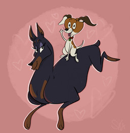 black_body black_fur carrying_another carrying_partner collar collar_only collar_tag duo eyebrows eyelashes female feral fur gesture half-closed_eyes heart_symbol looking_at_viewer male multicolored_body multicolored_fur narrowed_eyes nude on_top open_mouth open_smile orange_background pointy_ears prick_ears riding short_tail simple_background sitting sitting_on_another size_difference smile tail toony waving whiskers skaiiravenom fixed_(film) sony_corporation sony_pictures frankie_(fixed) lucky_(fixed) canid canine canis dobermann domestic_dog hunting_dog jack_russell_terrier mammal pinscher terrier hi_res herm_(lore) intersex_(lore) male_(lore)