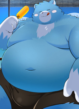 anthro belly big_belly black_nose blue_body bottomwear bulge clothing eyes_closed food kemono male moobs navel overweight overweight_male popsicle shorts solo tongue tongue_out wings trail_arnak nintendo oracle_of_ages oracle_of_seasons the_legend_of_zelda moosh bear mammal 2026 absurd_res hi_res