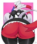 alternate_color anthro bent_over big_butt blush border butt butt_focus clothed clothing female genitals half-closed_eyes huge_butt innie_pussy looking_at_viewer looking_back maid_uniform narrowed_eyes no_underwear plump_labia presenting presenting_hindquarters pussy rear_view simple_background solo thick_thighs uniform wide_hips kirbot12 nintendo pokemon generation_5_pokemon mienshao pokemon_(species) hi_res