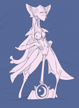 abdominal_bulge anthro bottomwear breasts clothing female improvised_dildo improvised_sex_toy long_neck masturbation nipples nude object_in_pussy object_penetration penetration skirt slim small_waist solo staff standing tall vaginal vaginal_penetration tabloi monster_train monster_train_2 alien demon fairy luna_coven lunar_priestess absurd_res hi_res sketch