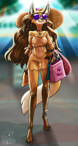 anthro big_hat clothing dress ear_piercing ear_ring eyewear female hair hoop_ear_ring long_hair long_legs piercing ring_piercing shopping_bag short_dress solo sunglasses sunny lostwisdom canid canine mammal maned_wolf absurd_res hi_res