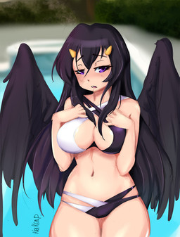 blush breasts cleavage clothed clothing detailed_background eyebrows eyelashes female half-closed_eyes horn looking_away narrowed_eyes navel not_furry open_mouth partially_clothed poolside purple_eyes solo swimwear teeth tongue water wings krakenparty angel 2018 signature traditional_media_(artwork)