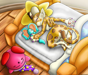 ambiguous_gender anthro bed blush claws clothing countershading female feral fur furniture group hat headgear headwear male markings pawpads paws pink_body pink_skin size_difference sleeping spots spotted_body spotted_fur thick_thighs trio wide_hips heartlessangel3d kirby_(series) nintendo clawroline elfilin kirby alien chinchilla chinchillid felid leopard mammal pantherine rodent waddling_head absurd_res hi_res