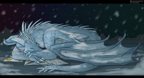 ambiguous_gender back_spikes black_bars blue_body blue_scales bodily_fluids brown_body brown_scales claws crying curled_up drawing_(object) duo eyes_closed feral finger_claws head_spikes horn membrane_(anatomy) membranous_wings night pencil_(object) scales sky snout snow snowing solo_focus spiked_tail spikes spikes_(anatomy) star starry_sky tail tears wing_claws wings darkenstardragon european_mythology mythology wings_of_fire qibli_(wof) winter_(wof) dragon icewing_(wof) mythological_creature mythological_scalie sandwing_(wof) scalie western_dragon hi_res letterbox shaded