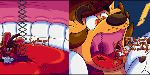 3_toes 4_fingers anthro big_feet big_tongue car_jack cartoon_gloves claws duo feet finger_claws fingers inside_mouth macro male male/male mawplay micro pawpads paws red_tongue size_difference size_play slapstick slapstick_humor soft_vore soles toes tongue toony toony_moment uvula vore marquis2007 liam_(tamerkoh) roderick_(tamerkoh) felid lagomorph leporid lion mammal pantherine rabbit absurd_res hi_res letterbox