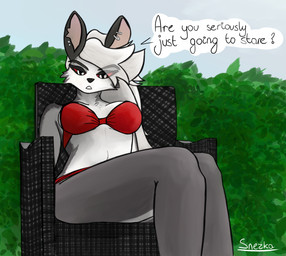 anthro bikini bikini_bottom bikini_top breasts chair clothed clothed_anthro clothed_female clothing dialogue ear_piercing ear_ring ear_stud eye_through_hair eyebrow_piercing facial_piercing female fur furniture grey_body grey_fur grey_hair hair looking_at_viewer notched_ear on_chair outdoor_background outside piercing pupils red_sclera ring_piercing sitting sitting_on_chair slit_pupils solo speech_bubble swimwear text translucent translucent_hair two-piece_swimsuit white_body white_eyes white_fur snezka hellaverse helluva_boss mythology loona_(helluva_boss) canid canid_demon canine demon hellhound mammal mythological_canine mythological_creature 2024 digital_drawing_(artwork) digital_media_(artwork) english_description english_text hi_res