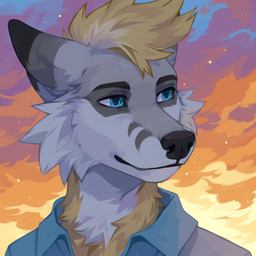 anthro black_nose blue_clothing blue_eyes blue_topwear cheek_tuft clothed clothing cloud dipstick_ears ear_markings ears_back facial_markings facial_tuft fur glistening glistening_eyes grey_body grey_fur hair head_markings male markings mouth_closed multicolored_ears outside pivoted_ears solo tan_body tan_fur tan_hair topwear tuft unsigned white_body white_fur corzh77 canid mammal 1:1 absurd_res bust_portrait hi_res icon portrait