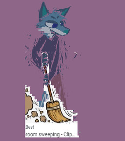 anthro blue_body blue_fur broom cleaning cleaning_tool fur holding_broom holding_cleaning_tool holding_object male open_mouth open_smile smile solo sweeping demensa emil_(demensa) canid canine canis coyote domestic_dog hybrid mammal