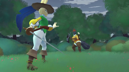 angry anthro duel duo female femboy fight gun halberd male melee_weapon outside polearm ranged_weapon surprised sword unconscious weapon scaredy_hare buckingham_(scaredy_hare) general_hope_(scaredy_hare) canid canine canis lagomorph leporid mammal rabbit wolf 16:9 animated long_playtime no_sound video widescreen