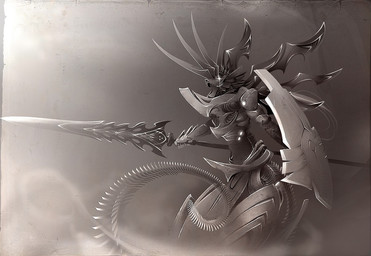 ambiguous_gender armor glowing glowing_eyes grin holding_object holding_weapon melee_weapon metal polearm shield smile solo spear sword too_goddamn_spiky warrior weapon wings tsampikos azza unknown_species digital_media_(artwork) monochrome sepia