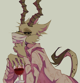 5_fingers alcohol antelope_horn anthro bedroom_eyes beverage bovid_horn brown_eyes brown_horn brown_spots brown_tail_tip cheek_tuft claws clothing container cunning cup darkened_eyelids dipstick_tail drinking_glass eye_spots eyelashes eyeliner facial_tuft fingers fingers_on_chin floral_pattern fur gazelle_horn glass glass_container glass_cup grey_background head_tuft holding_container holding_cup holding_drinking_glass holding_object holding_wine_glass horn long_sleeve_shirt looking_aside_at_viewer looking_at_viewer makeup male markings mask medical_instrument narrowed_eyes on_elbow pink_clothing pink_inner_ear pink_shirt pink_topwear pointy_ears pupils scientific_instrument seductive shadow shirt simple_background slim slit_pupils solo spots spotted_body spotted_fur surgical_mask tail tail_markings tan_body tan_fur topwear tuft unsigned wearing_mask white_sclera wine wine_glass riikaruh beastars melon_(beastars) antelope bovid felid gazelle hybrid leopard mammal pantherine 2020 half-length_portrait hi_res line_art portrait shaded shaded_line_art