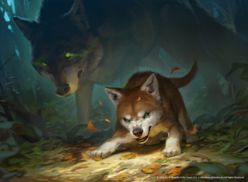 ambiguous_gender angry brown_body brown_fur detailed_background duo dutch_angle feral forest front_view fur glowing glowing_eyes leaf open_mouth plant quadruped tail text tree young rudy_siswanto hasbro magic:_the_gathering wizards_of_the_coast canid canine canis mammal wolf 2019 digital_media_(artwork) english_text hi_res official_art