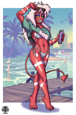 beverage beverage_can bikini bikini_bottom bikini_top breasts can clothed clothing container crop_top eyeshadow eyewear feet female fingers hair holding_beer_can holding_can holding_container holding_eyewear holding_object holding_sunglasses jewelry makeup necklace not_furry outside shirt smile solo sunglasses swimwear tail teeth toes topwear two-piece_swimsuit water mlock gta_vi_cover_girl demon humanoid imp digital_media_(artwork) hi_res