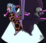 anthro ass_to_ass big_butt blue_hair breasts butt clothed clothing ear_piercing ear_ring female green_hair hair huge_butt piercing pole ring_piercing stripper_pole thick_thighs thong topless underwear batartcave jade_(batartcave) squigga cheetah felid feline mammal rodent sciurid tree_squirrel hi_res