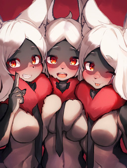 5_fingers alternate_species anthro anthrofied big_breasts black_necktie black_nose blush breast_squish breasts breasts_frottage featureless_breasts female fingers fur grey_body grey_fur group hair kemono long_hair mostly_nude navel neck_tuft necktie one_eye_closed open_mouth open_smile red_body red_eyes red_fur smile squish teeth tongue tongue_out tuft white_body white_fur white_hair wink tabhead helltaker cerberus_(helltaker) canid mammal 2020 absurd_res half-length_portrait hi_res portrait unavailable_at_source
