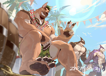 abs anthro barazoku bottomwear brown_body brown_fur clothing fur group hand_holding male male/male muscular muscular_anthro muscular_male pawpads pecs shorts speedo swimwear zhengshizi xxl_woofia captain_locke_(xxl_woofia) orem_(xxl_woofia) saeng aquatic canid canine canis cetacean dolphin domestic_dog fish mammal oceanic_dolphin orca shark toothed_whale hi_res
