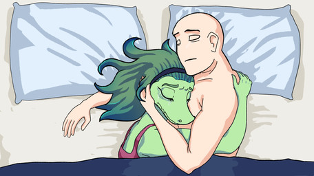 accessory anthro arm_around_partner bald bedding bird's-eye_view bodily_fluids canon_couple clothing comforting crying cuddling duo eyes_closed fingers frown green_body green_hair hair hair_accessory hairband hand_on_head high-angle_view human_on_anthro humanoid_hands interspecies long_hair pillow red_clothing red_topwear sad sleeping tears tired topwear under_covers sebek_fereh_ra cavemanon_studios i_wani_hug_that_gator inco_(iwhtg) olivia_halford baryonyx dinosaur human mammal prehistoric_species reptile saurischian scalie spinosaurid theropod colored hi_res shaded