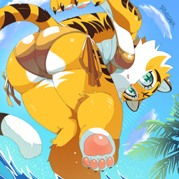 4_fingers 4_toes anthro barefoot beach bent_over bikini blue_sky blush blush_lines breasts butt butt_focus calf_tuft claws clothing cloud countershade_feet countershading day detailed_background emoji_description eyelashes feet female female_anthro finger_claws fingers foot_focus fur furgonomics gold_bikini hindpaw leg_tuft looking_at_viewer looking_back looking_back_at_viewer low-angle_view markings multicolored_body multicolored_fur on_one_leg orange_body orange_fur outside palm_tree pawpads paws pink_nose pink_pawpads plant raised_foot raised_paw sky slightly_chubby slightly_chubby_anthro slightly_chubby_female soles solo standing summer swimwear tail tail_clothing teal_eyes toe_claws toes tree tuft two-piece_swimsuit water white_body white_fur white_sclera white_soles drawligator golden_week aura_(drawligator) felid mammal pantherine tiger 1:1 2026 absurd_res digital_media_(artwork) hi_res signature