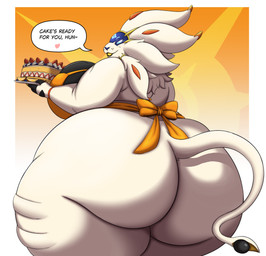 anthro apron apron_only big_breasts big_butt biped breasts butt cake clothing dessert dialogue female food heart_symbol huge_butt hyper hyper_butt looking_at_viewer looking_back orange_clothing solo tail text thick_thighs three-quarter_view white_body noryega nintendo pokemon generation_7_pokemon legendary_pokemon pokemon_(species) solgaleo hi_res
