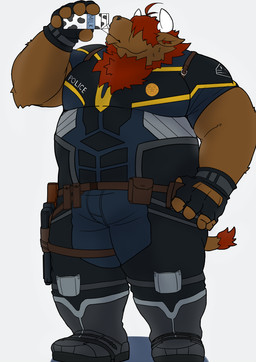 anthro belly brown_body brown_fur fur humanoid_hands male milk overweight overweight_anthro overweight_male police simple_background solo white_background araiguma_11 bovid bovine cattle mammal 2015