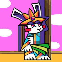 ambiguous_gender anthro barefoot clothed clothing cubism detailed_background ear_piercing ear_ring eyeshadow feet headdress long_ears looking_aside makeup multicolored_pupils piercing ring_piercing solo actualpendragon luxor_high_priestess lagomorph leporid mammal rabbit 1:1 digital_drawing_(artwork) digital_media_(artwork) hi_res