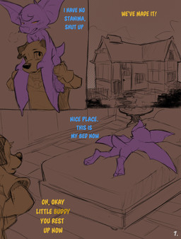 ambiguous_gender anthro bed big_ears blue_text building carrying_another clothed clothing dialogue duo furniture house lying on_bed on_front on_shoulders purple_body spread_wings tail text wings yellow_eyes yellow_text conditional_dnp dacad tyler_(dacad) zipper_(dacad) bat canid canine mammal comic english_text hi_res restricted_palette
