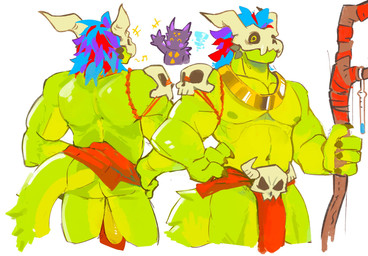 anthro biceps big_penis black_sclera bone bone_mask bottomwear butt clothed clothing feathers flaccid genitals green_body ineffective_clothing ineffective_loincloth jewelry loincloth looking_at_viewer male mask muscular muscular_anthro muscular_male necklace nipples pecs penis red_clothing simple_background skull skull_mask solo staff tail wave yellow_eyes a_s14121 terraria shimmered_witch_doctor witch_doctor_(terraria) lihzahrd lizard reptile scalie 2026 digital_drawing_(artwork) digital_media_(artwork) hi_res
