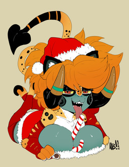 4_fingers anthro arm_support arm_tuft arm_warmers armwear between_breasts big_breasts black_body black_fur breast_rest breasts calves_up candy candy_cane christmas_clothing christmas_dress christmas_headwear clothed clothing crossed_legs dessert dress elbow_tuft facial_markings female fingers food fur green_body green_skin hair hand_on_head hat head_markings headgear headwear holidays hooves horn huge_breasts inner_ear_fluff leaning_on_elbow leg_warmers legwear licking_candy_cane licking_food lying markings messy_hair multicolored_body multicolored_fur on_front open_mouth open_smile orange_body orange_fur orange_hair pawpads red_eyes santa_hat sharp_teeth shortstack shoulder_tuft simple_background smile solo spots spotted_body spotted_fur tan_background teeth the_pose tongue tongue_out torn_armwear torn_clothing tuft nerdbayne christmas tezca_(shidyk) felid humanoid hybrid imp jaguar mammal pantherine 2025 absurd_res hi_res signature