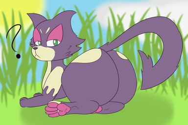 3_fingers 4_toes ambiguous_gender big_butt butt cloud confusion feet feral fingers fur grass green_eyes huge_butt looking_at_viewer multicolored_body multicolored_fur nude outside pawpads paws pink_pawpads plant question_mark solo sun toes two_tone_body two_tone_fur radiation. nintendo pokemon felid generation_5_pokemon mammal pokemon_(species) purrloin 2019 absurd_res digital_media_(artwork) hi_res