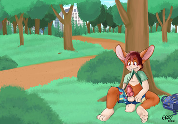 anthro backpack balls bottomwear clothed clothing clothing_lift detailed_background genitals knot male mouth_hold outside penis plant shirt shirt_lift shorts solo topwear tree young young_anthro young_male onykr nintendo pokemon feraligatr generation_2_pokemon lagomorph leporid mammal pokemon_(species) rabbit 2020 hi_res