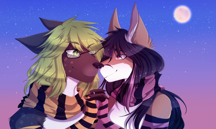 anthro armwear clothing duo elbow_gloves eyewear glasses gloves hair handwear long_hair multicolored_hair ring romantic romantic_ambiance romantic_couple scarf two_tone_hair lunalke felicia_fox tankers canid canine canis fox mammal wolf 5:3 source_request unavailable_at_source