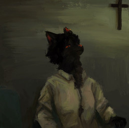 anthro black_body black_fur black_hair chest_fur chest_tuft clothed clothing collared_shirt cross dress_shirt female fur hair pink_nose pupils religion shirt short_hair slit_pupils solo topwear tuft tufted_fur white_clothing white_shirt white_topwear anon2000000 christianity domestic_cat felid feline felis mammal digital_media_(artwork) digital_painting_(artwork) painting_(artwork) shaded