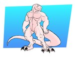 2022 3_toes 4:3 abstract_background albino anthro claws daxlmonitor dinosaur feet long_tail male muscular red_eyes reptile scalie smile solo tail tapering_tail toe_claws toes
