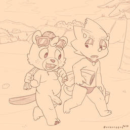 anthro balls beach belly casual_nudity chibi clothing detailed_background duo flaccid foreskin genitals hat headgear headwear humanoid_genitalia humanoid_hands humanoid_penis looking_at_genitalia looking_at_penis male outside penis seaside slightly_chubby speedo swimwear towel nutty_bo animal_crossing nintendo c.j._(animal_crossing) flick_(animal_crossing) beaver lizard mammal reptile rodent scalie 2020 digital_media_(artwork) hi_res